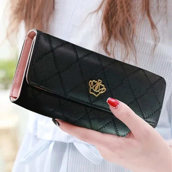 Classic Crown Decor Long Black Wallet, Flap Coin Purse NEW
